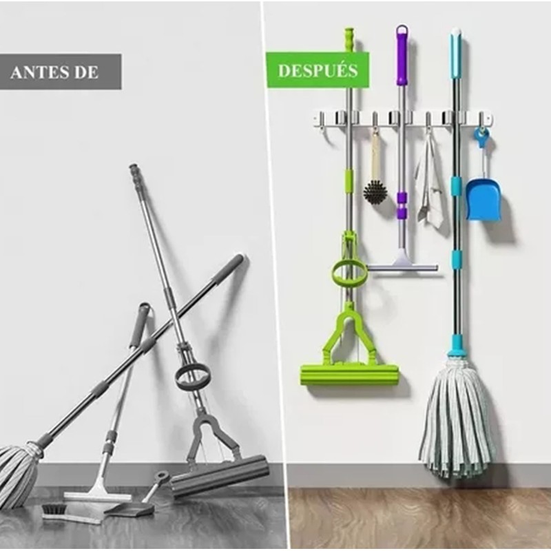 Punch Free Wall Mount Mop Broom Holder 4 Clips 5