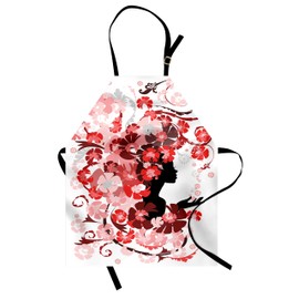 Ambesonne Femimine Apron, Flower Girl Hair Long Swirling Pink Blossoms Hair Dressers Beauty Feminine, Small Apron Bib with Adjustable Ties for Baking Painting, Small Size, Black Pink and Red