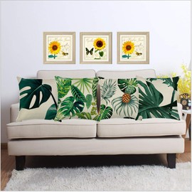 Dekori Cushion Covers 45 x 45 Cm Set of 4 Nordic Green Leaves Pattern Zabuton Cover, Stylish Linen, Christmas Gift, Flax, Room Goods, Sofa or Car, Interior Decoration, Bed, Backrest, Pillow Cover,