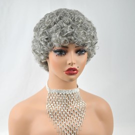 SisBroSis Elegant Short Pixie Cut Curly Human Hair Wig for Women - 51# & 60# Black/Brown Mix Salt and Pepper Gray Mix White Short Afro Curly Wigs for Old Lady Glueless Full Machine Made (51#)