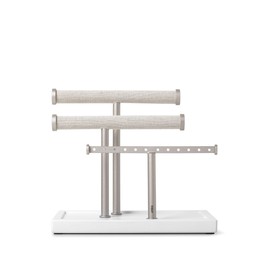 Umbra Trigem 3 Tier Necklace Bracelet Earrings Organizer Linen White Nickel 3 Tier
