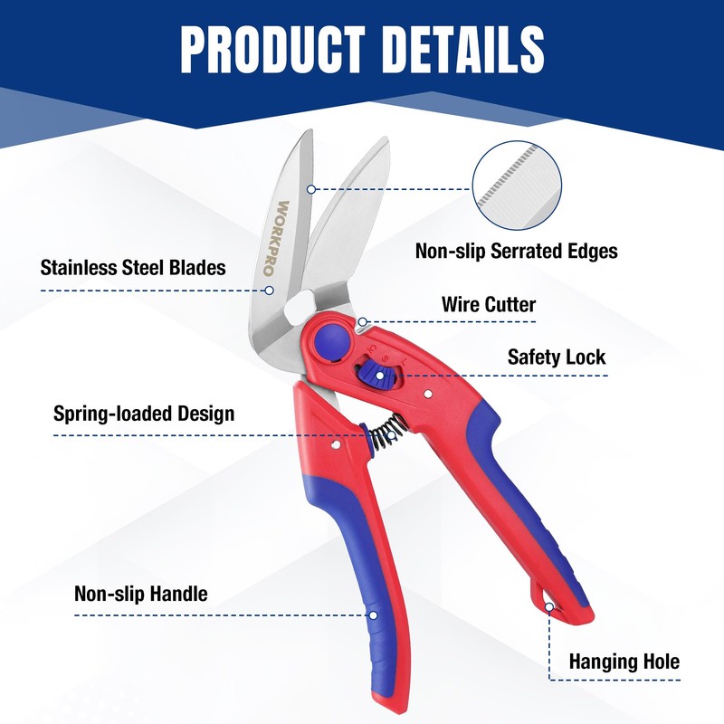WORKPRO 250mm Heavy Duty Scissors, Multi-Purpose Angled Scissors, Serrated Blade
