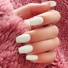 24Pcs Square Press on Nails, Full Cover False Nails, All White Design French Fake Ballerina Nails, Daily Wear Stick on Nails Sticker for Women Girls Nail Art Decoration