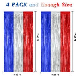 4 Pack 4th of July Decorations, 3.28 FT x 7.05 FT Independence Photo Backdrop, Metallic Blue Silver Red Backdrop Curtains Fringe Curtains Party Streamer, Patriotic Decor Fourth of July Party Supplies