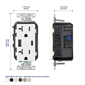 Leviton USB Type A-C Receptacle, 20 Amp, Tamper-Resistant, T5833-00E, Black