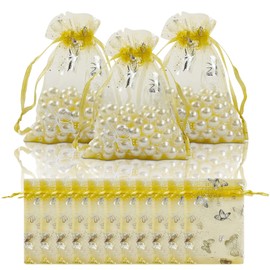 Bnsikun 100Pcs Organza Bags Butterfly Jewelry Candy Pouches Sachet Bags Drawstring Organza Gift Bags for Wedding Party Valentines Day Baby Shower Christmas (Gold, 3.5 x 4.7 inch)