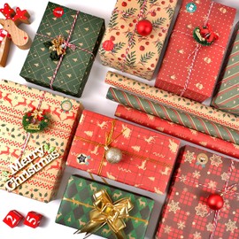 Christmas Wrapping Paper, 12 Sheets Recycled Gift Wrapping Paper Set, 28 x 20 inch Vintage Kraft Xmas Wrapping Paper Sheets with Tags Stickers, Gift Wrap for Christmas New Year Holiday Party Decor DIY Crafts