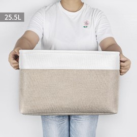 Bagnizer Storage Bins Large Fabric Storage Baskets for Shelves 3 Pack, Decorative Linen Closet Baskets with Handles for Organizing, Shelf, Clothes, Home, Office, 15x11x9.5Inches (Beige&White)