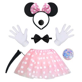 Xerteam Mini Mouse Costumes Women's = Tutu + Minimaus Ears Headband + Bow Tie + Gloves + Nose + Colourful Makeup Sticker + Tail, Pink Mouse Costume for Adults Children, Fancy Dress Costumes Women for