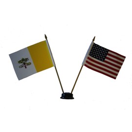 USA & VATICAN CITY Small 4 X 6 Inch Mini Double Country Stick Flag Banner with BLACK STAND on a 10 Inch Plastic Pole New