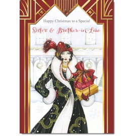 doodlecards Sister and Brother in Law Christmas Card Lady with Parcels Large A4 Size Christmas Card for Sister & Brother-in-Law with Plain Envelope