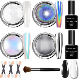 Chrome Nail Powder Gifts for Women - White Pearl Chrome Nail Powder, Aurora Mermaid Iridescent Nail Powder, Holographic Unicorn Rainbow Nail Powder,Sliver Metallic Mirror Effect Nail Glitter Manicure