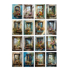 Decoupage Paper Pack (35 Sheets 6"x8") Window Garden Charm: Beautiful Vintage Windows Adorned with Vibrant Flowers in Rustic pots, evoking Warmth and Countryside Serenity FLONZ Vintage