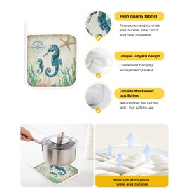 Pot Holder Set of 2 Ocean Seahorse Seaweed Potholder Heat Proof Non-Slip Pot Holders,Retro Nautical Compass Hot Pads Potholders for Kitchen Cooking Baking BBQ