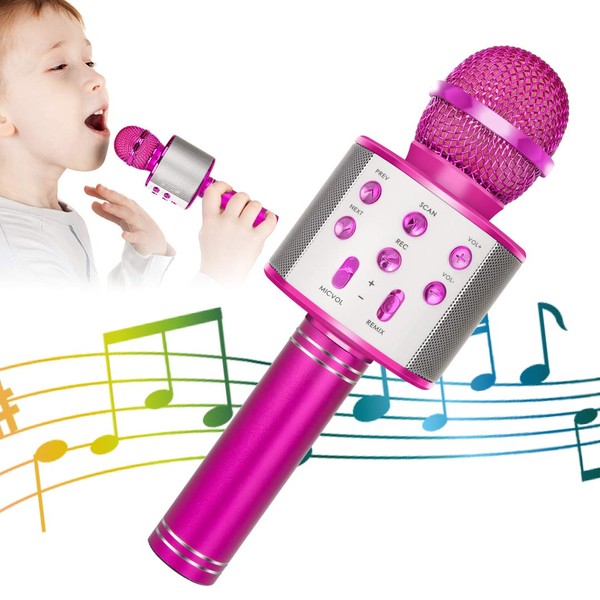 KIDWILL Wireless Bluetooth Karaoke Microphone for Kids, 5-in-1 Portable Handheld Karaoke Mic Speaker Player Recorder with Adjustable Remix FM Radio for Kids Adults Birthday Party KTV Christmas (Pink)
