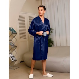 Irdcomps Men's Satin Robe Kimono Dressing Gown Long Bathrobe Lightweight Silk Sleepwear Pyjamas for Men with Belt S-XXL, blue