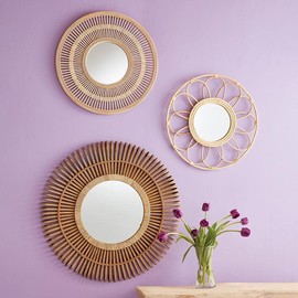 47th & Main Boho Mirror Round Woven Rattan Hanging Mirror for Wall Décor, 20" Dia, Light Bamboo