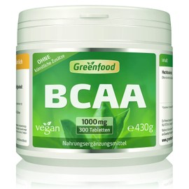BCAA, 1000 mg, high dose, 300 tablets, vegan, good muscle building and muscle maintenance (proteins). No artificial additives. No genetic engineering.
