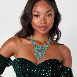 Flyonce Green Flower Statement Necklace for Women Wedding Party Prom, Boho Vintage Enamel Floral Cluster Chunky Collar Bib Costume Jewelry