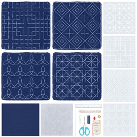 FREEBLOSS 4 Set Sashiko Coaster Kit Embroidery Set with PET Stencils Full Sashiko Kit Includes Thread, Needles, Fabric Hand Sewing Craft for Adults