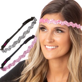 Hipsy Adjustable Non Slip Cute Fashion Bling Glitter Hair Headbands for Women Girls & Teens 2-Pack (Wave Gunmetal & Light Pink)