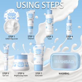 Milk Skin Care Sets&Kits, Milk Skincare Set, Beauty Gift Sets for Teenage Girls, Skincare Set with serum, toner, cleanser, eye cream, sunscreen, brightenng cream, exfoliating scrub, washbag (8pcs)