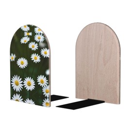 Sdegtho Wild White Daisy Flower Book Ends for Shelves,Wooden Bookends with Metal Base, Sturdy Book Holders for Heavy Books
