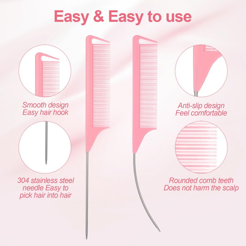 MBAIYO 6 Pcs Rat Tail Combs, Pink C Curved and