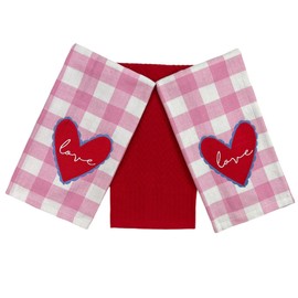 Serafina Home Valentine's Day Love Hand Kitchen Dish Towels: Soft Absorbent Embroidered Gingham Pink Heart Love Design, 100% Cotton, Pink White, Three Pc Set, 16" x 26"