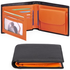 SENDEFN Men's Wallet with RFID Protection, Men's Wallet Landscape Format Bifold Genuine Leather Wallet with 10 Card Compartment, Change Compartment, Black with orange, rfid wallet