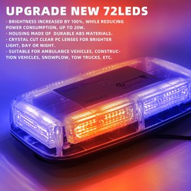 PKINGLAKE Red/Blue 72LED Roof Top Police Emergency Strobe Beacon Lights, 12-24V High Visibility Safety Warning Mini LED Firefighter Strobe Light Bar with Magnetic Base for Snow Plow, Truck, Vehicle