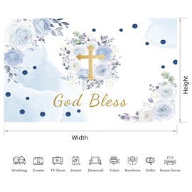 7x5ft God Bless Backdrop Blue Flowers Gold Cross Photography Background