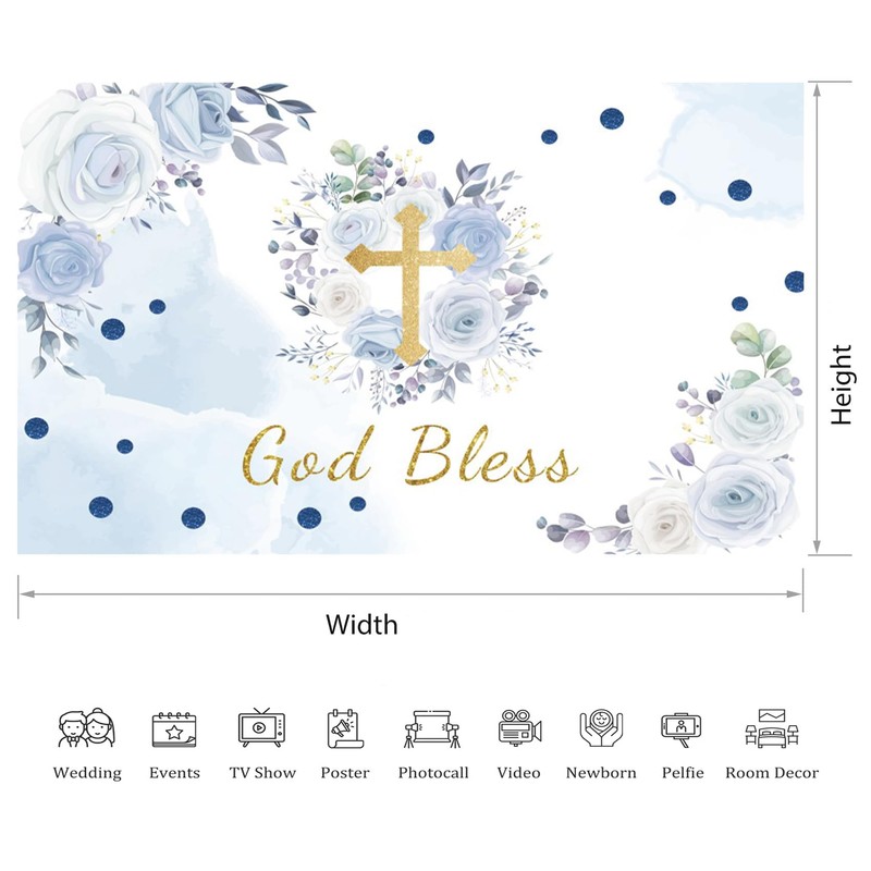 7x5ft God Bless Backdrop Blue Flowers Gold Cross Photography Background