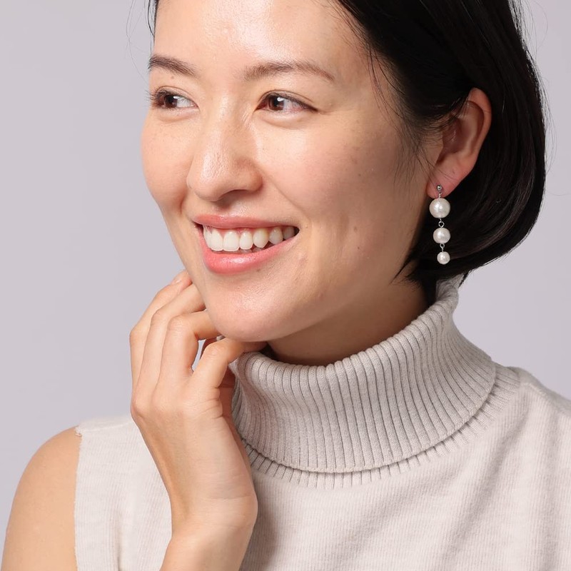 R-days Daikanyama Cotton Pearl Tricule Non-Hole Earrings, Hypoallergenic, White, Beige,