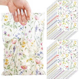 JarThenaAMCS 50Pcs Wildflower Theme Favor Bag Floral Plastic Treat Bags with Handles Clear Candy Goodie Bags for Spring Wedding Birthday Baby Shower Party Supplies