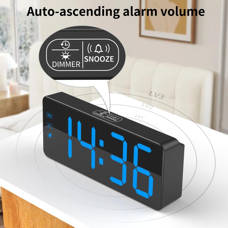 KWANWA Digital Alarm Clock with 3-Level Dimmer & Battery Backup
