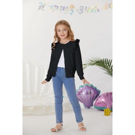 GRACE KARIN Girls Ruffles Cardigan Sweater Open Front Long Sleeve Knit Button Down Cardigan Black 7Y