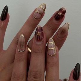 Uñas postizas almendradas, acabado brillante, color marrón invierno, para mujer, kit de uñas postizas reutilizables con pegamento, 24 piezas, color ma