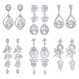NEWITIN 6 Pairs Clip on Earrings for Women Silver Rhinestone Wedding Earring Crystal Teardrop Dangle Drop Clip on Earring Non Piercing Prom Fake Earrings for Brides Bridesmaids
