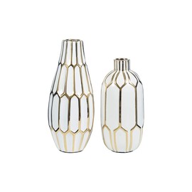 Signature Design by Ashley Mohsen Honeycomb Ceramic 2 Piece Bottle Neck Vase Set, White & Gold