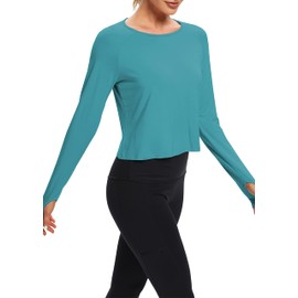 Bestisun Cute Crop Top Backless Long Sleeve Workout Yoga Exercise Tops Running Shirts Gym Yoga Training Clothes Athletic Wear Blue Green L