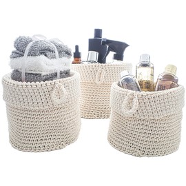 Clay Roberts Round Storage Baskets, Set of 3, Cream, Fabric Basket Organisers, Woven Knitted Rope Design, Round Storage Baskets for Home & Bathroom Accessories, Large, Medium and Small