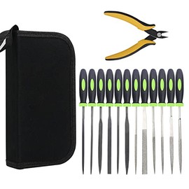 XINSHANG 13pcs Needle File Set with 6Pcs Carbon Steel File,6Pcs Diamond File, with 1pc 5.5” Precision Flush Cutter& a Canvas Carry Bag, File Tools for Metal, Wood, Jewelry, Models, DIY, etc.