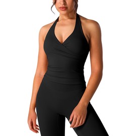ABOCIW Women Wrap Halterneck Tank Top V Neck Longline Sports Bra Backless Padded Athletic Gym Yoga Workout Tank Black Small