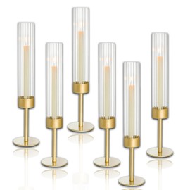 Glass Hurricane Candle Holders Set of 6,Brass Candlestick Holders,Taper Candlestick Holders,Elegant Dining Table Centerpiece for Wedding, Christmas & Home Decor-Ribbed