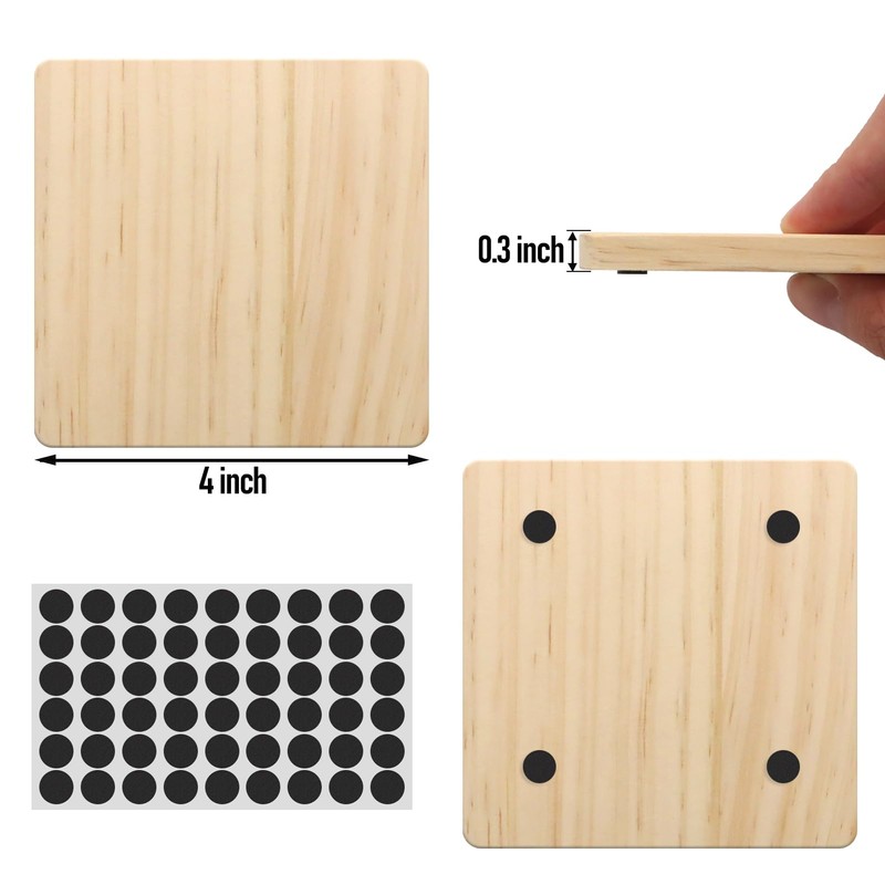 24 PCS Unfinished Square Wood Coasters, SIJDIEE 4 Inch Blank
