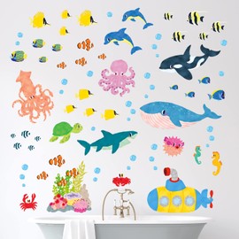 DECOWALL DS-2014 Sea Creatures Wall Stickers Decor Kindergarten Nursery Kids Room DIY Wall Decal Wall Art Stickers Boys Girls 16 Kids Bathroom Decor Vinyl Bedroom Teen Kids Wallpaper Wallpaper