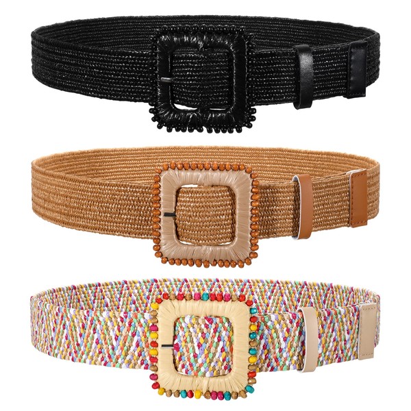 TRIWORKS 3 Pack Straw Woven Stretch Belt for Women,Raffia Elastic