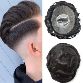 Toupee for men Hair Replacement System European Men Hairpiece 8X10 Full Poly Mens Toupee Durable Thin PU 0.1-0.12mm Male Prothesis Hair Unit 1B# OFF BLACK,8X10'' 120% Medium Light to Medium Density