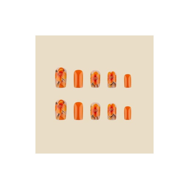 Uñas postizas cortas cuadradas con estampado floral naranja para verano,